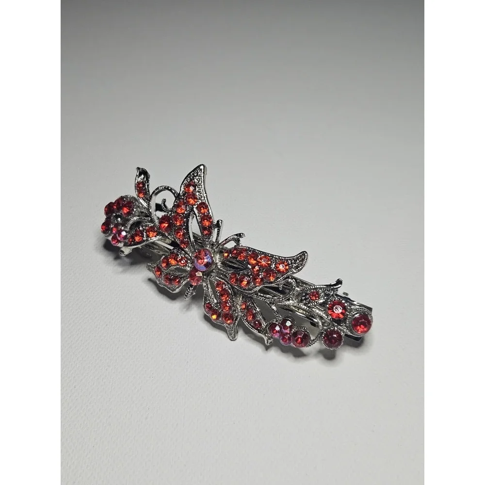 Red Rhinestone Butterfly Hair Barrette Crystal Sparkly Silver Flower Clip Women